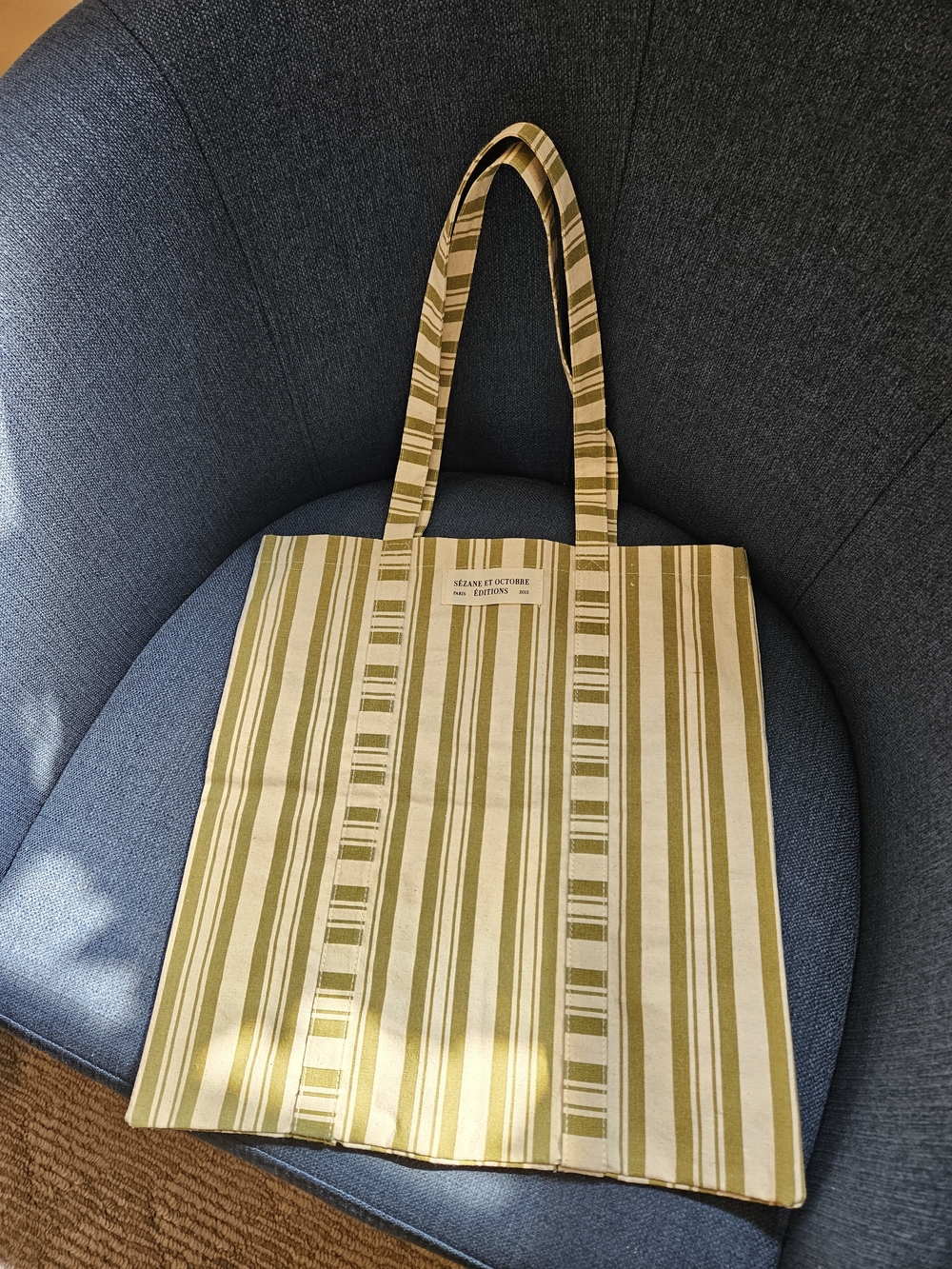 Sézane Olive and Cream Striped Canvas Tote